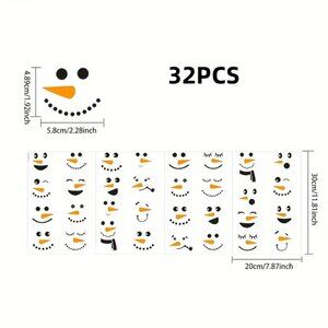 32-Pack Snowman Face Stickers, Plastic Decals Christmas Decoration